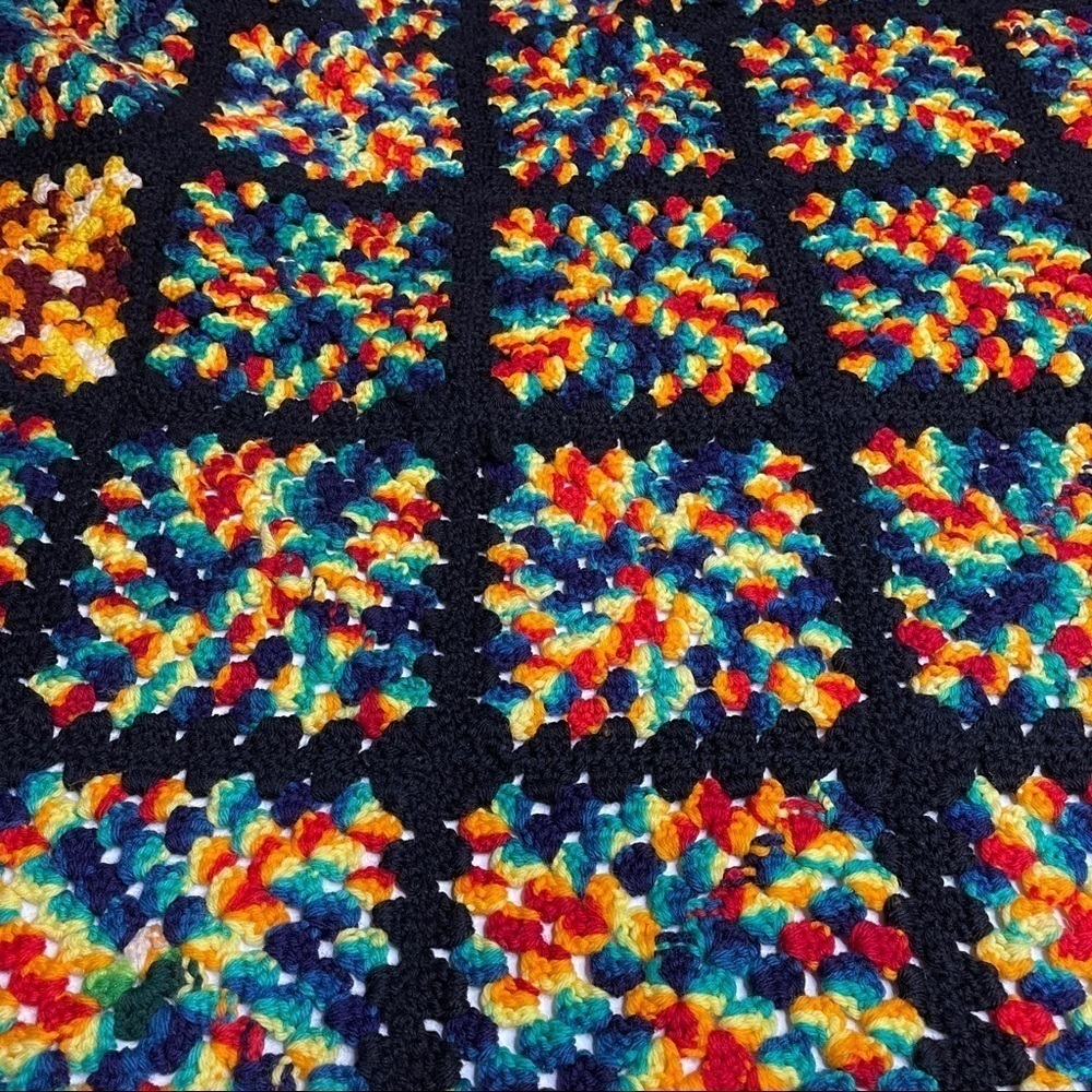 Rainbow and Black Granny Square Crochet Throw Blanket Afghan - Picture 3 of 8